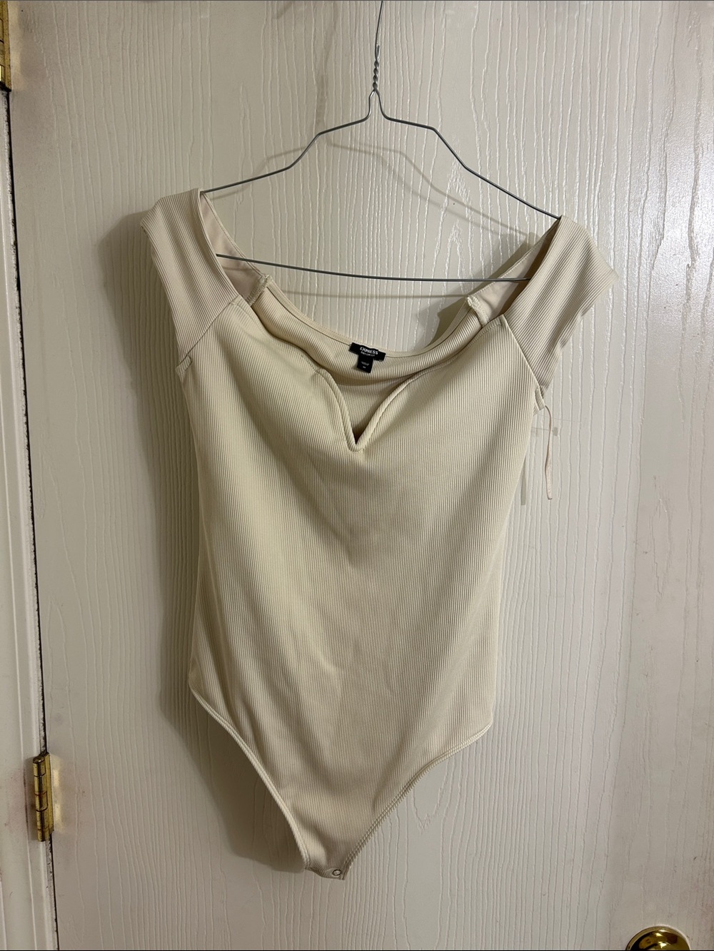 Express Cream Ribbed Off-Shoulder V-Notch Bodysuit